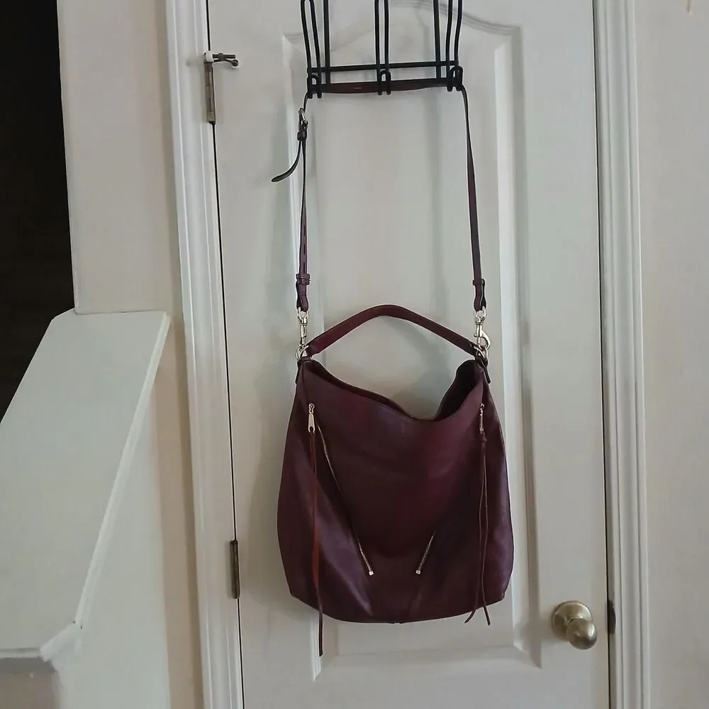 Y2K Style Rebecca Minkoff Burgundy Leather Moto Bucket Tote Hobo Bag Indie Boho